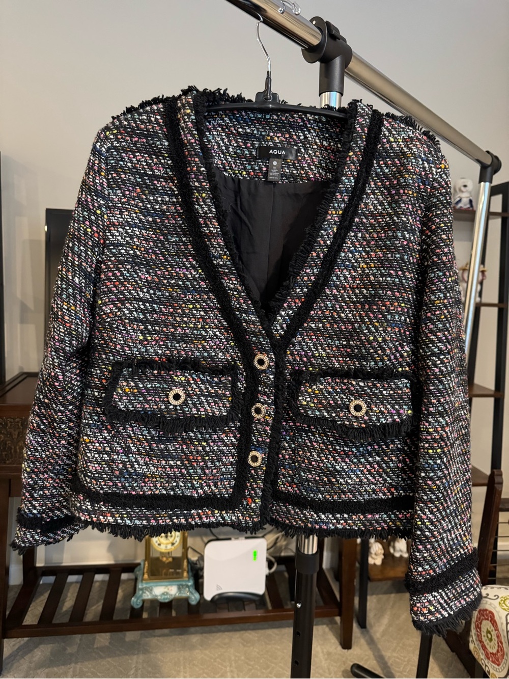 Aqua Black Multi Tweed Cropped Fringe Jacket